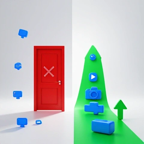 Split 3D scene showing a closed red door with rejection symbol and, beside it, a bright path with creative tools and growth icons.