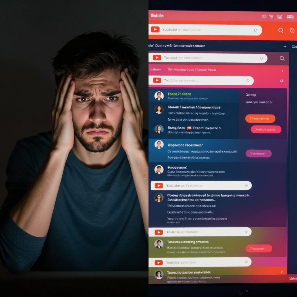 A split image showing frustration with a blank screen and the contrast of an engaging YouTube interface with lively comments.