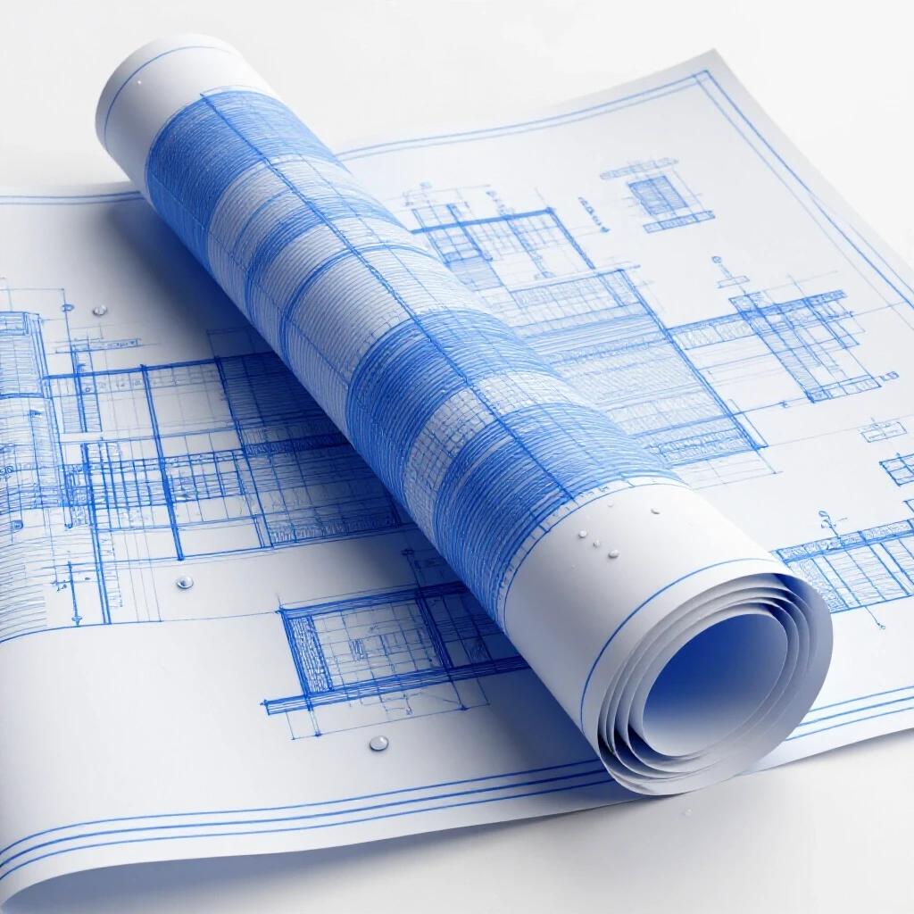 A partially unrolled deep blue blueprint with water droplets leaking from its edges, set against a bright white background.