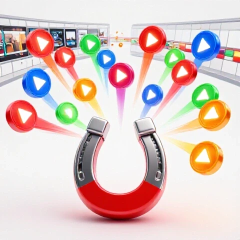 A powerful magnet pulls glowing play buttons from a collapsing video timeline, symbolizing a gripping YouTube hook.