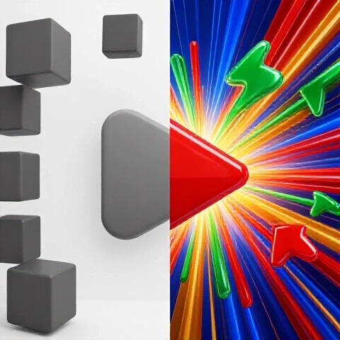 Split scene with static grey play button and dynamic colorful play button amid vivid 3D shapes on a bright background.