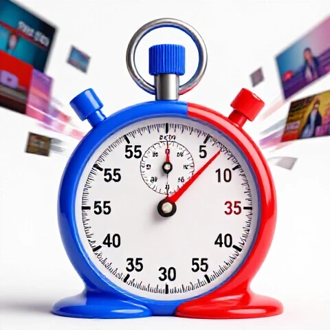 Melting stopwatch at 30 seconds with vivid video frames fading away on a bright white background.