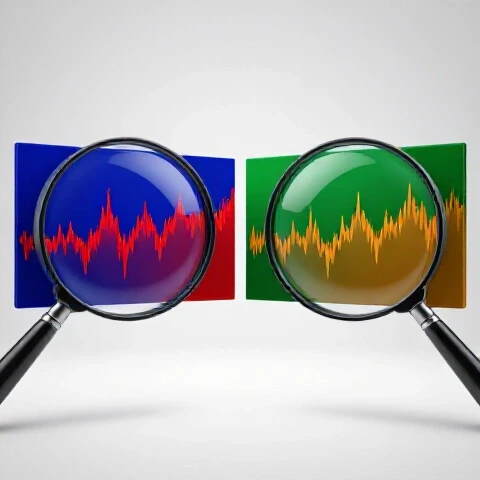 Split-screen image showing energetic and calm video scenes with magnifying glasses over fluctuating graph lines, set on a bright studio background.