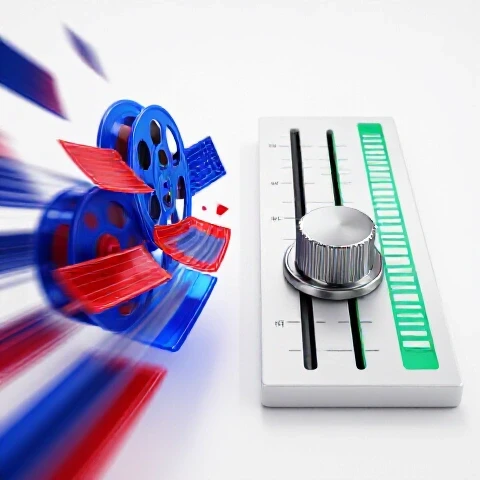 Split image showing dynamic, colorful video editing symbols in motion contrasted with precise, focused editing tools in a bright studio.
