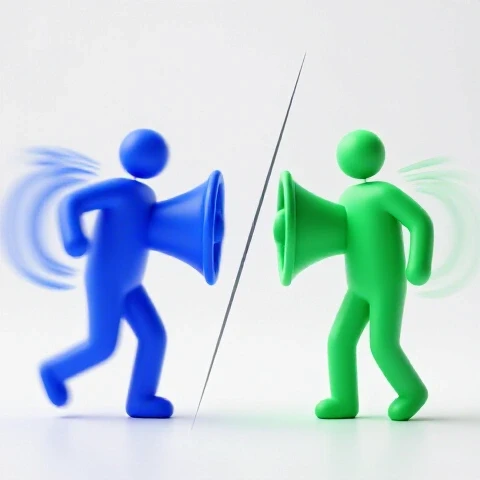 Two contrasting abstract speaker icons, one dynamic with motion blur and one calm, divided by a diagonal line on a bright background.