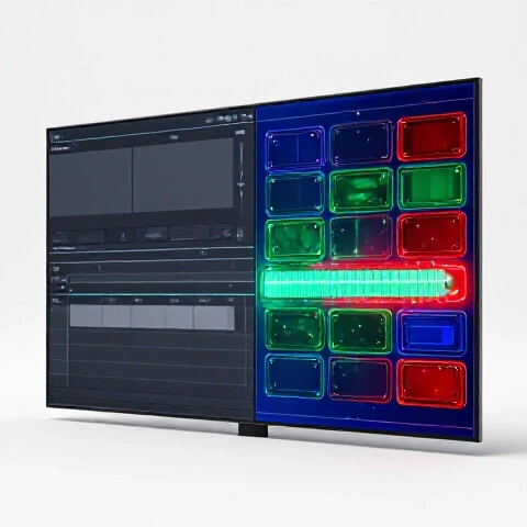 Split-screen graphic showing a dull gray video timeline transforming into a vibrant, colorful sequence with visual effects.