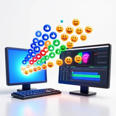 Split scene showing viewer feedback icons flowing from a video screen into a vibrant editing timeline