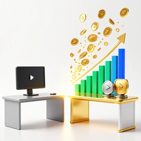 Dramatic split scene of a YouTube creator's setup transforming into a luxurious area with gold rewards, coins, and analytics charts symbolizing growth and increasing revenue.