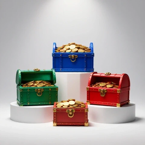 Three colorful treasure chests of different sizes overflowing with gold coins on pedestals under bright studio lighting.