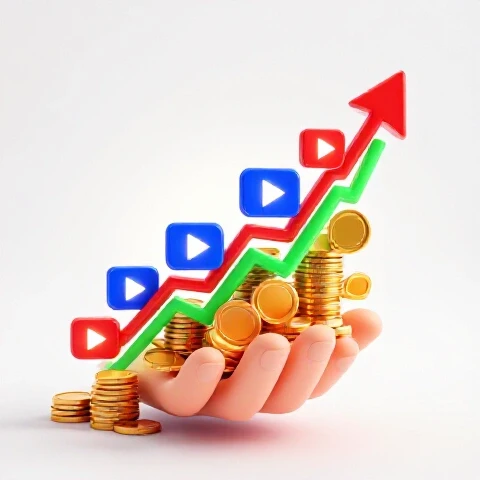 Glowing play buttons and coins forming an upward graph from a hand on a bright white background