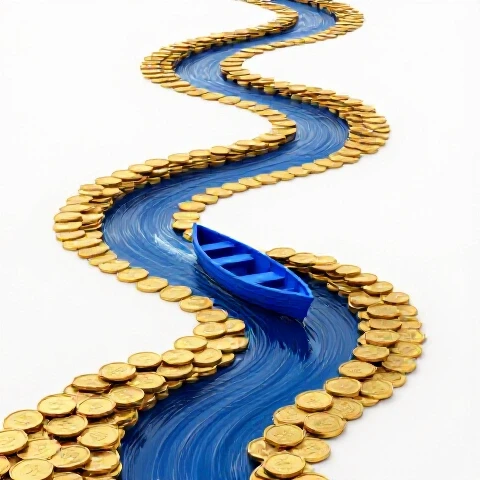 A small royal blue boat skillfully navigates a winding, branching river of shining gold coins in a bright studio.
