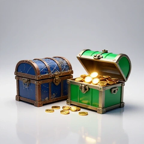 Contrast between a dusty cobwebbed treasure chest and a glowing chest bursting with gold coins on a bright background.