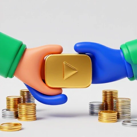 Two hands exchange a golden YouTube play button surrounded by stacks of shining coins on a bright background.