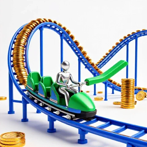 A golden coin rollercoaster with a metallic figure at the lever, set against a bright white background.