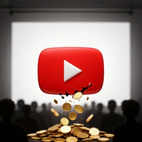 YouTube play button shattering into gold coins with a skeptical shadowy audience in a bright studio setting.