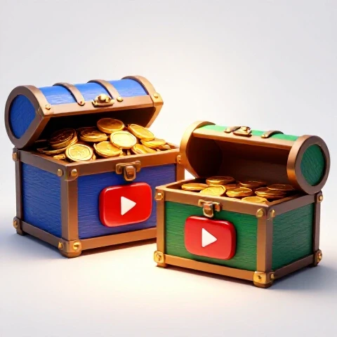 Two treasure chests on video play buttons, one overflowing with gold coins and the other nearly empty, under a bright spotlight.