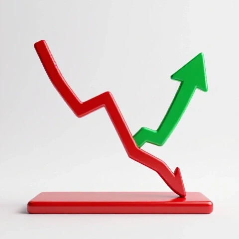 A dramatic upward-turning graph with a bright emerald arrow rising from a steep red drop, centered on a luminous white background.