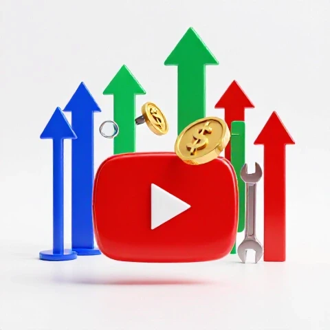 A golden coin falls from a shiny YouTube play button with upward arrows and tools in a bright studio scene.