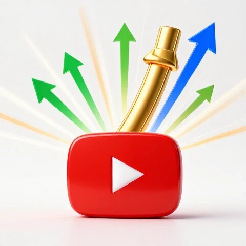 A gold money gauge rises from a red YouTube play button, surrounded by upward arrows and shining beams