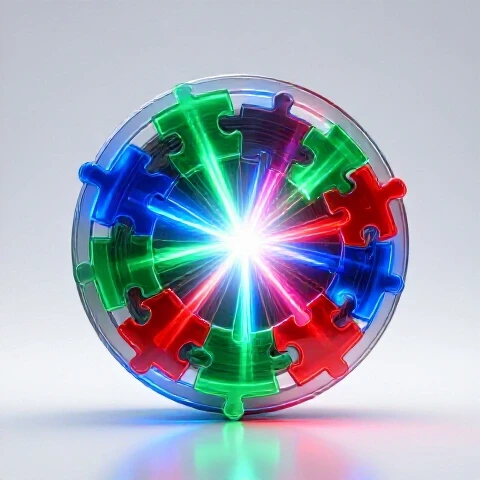 Glowing colored puzzle pieces assemble into a vibrant film reel radiating light on a bright background.