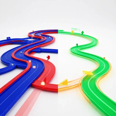 Split-screen view of a messy video timeline transforming into a smooth, glowing streamlined path on a bright background