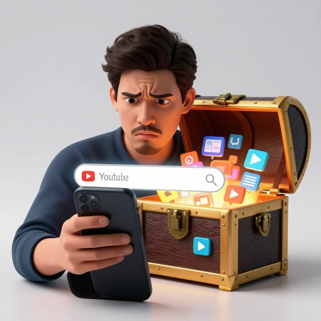 Frustrated user at a smartphone with a locked search bar next to a glowing treasure chest with video icons.