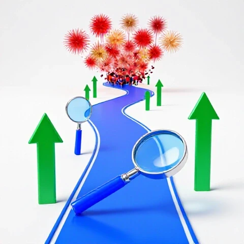 A winding royal blue path lined with magnifying glasses and upward arrows stands out against a distant chaotic crowd with exploding fireworks, set on a bright white background.