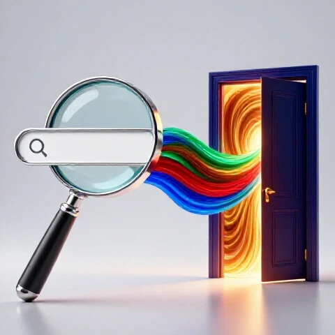Split-screen showing a magnifying glass over a search bar and a glowing doorway linked by swirling vibrant light.