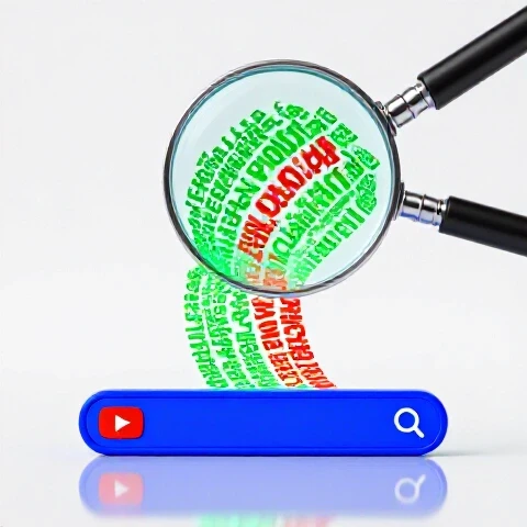 Magnifying glass over a colorful YouTube search bar with luminous keywords emerging in a bright studio setting.