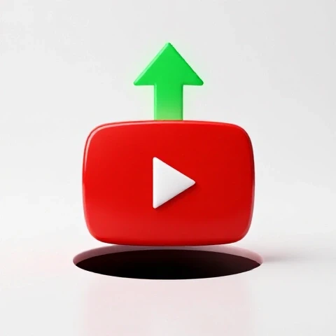 A vivid YouTube play button sinking into a dark void with a bright upward arrow and luminous background.
