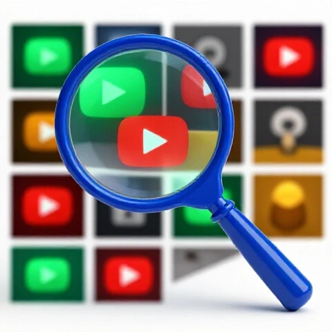A magnifying glass uncovers brightly colored glowing video thumbnails among blurred thumbnails on a clean white background.