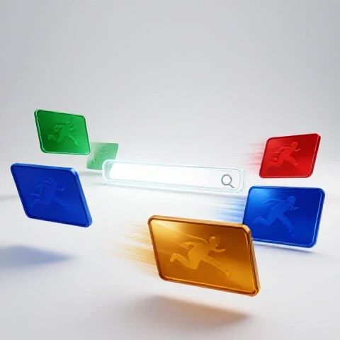 Vivid 3D thumbnails race toward a glowing search bar in a bright studio, one leading ahead dramatically.