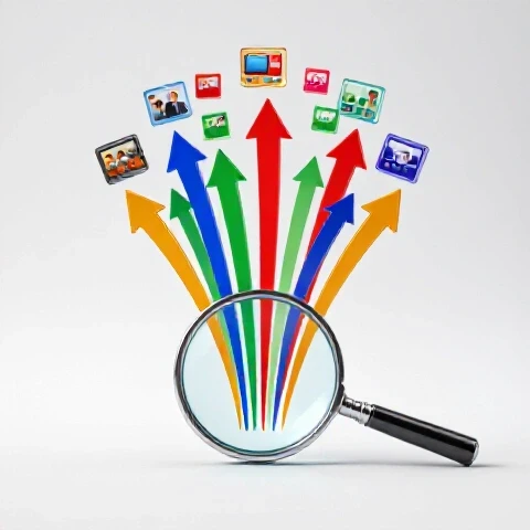 Magnifying glass with vibrant arrows bursting upward toward colorful video thumbnails on a bright background.