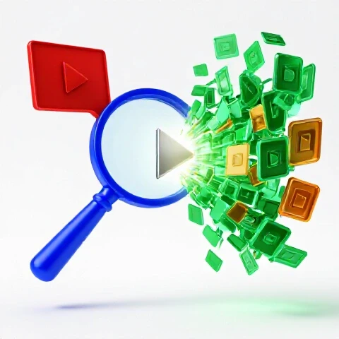 Split screen with a magnifying glass over a video thumbnail and a cascade of thumbnails converging to a glowing play button