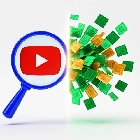 Split image of a magnifying glass over the YouTube logo facing dynamic video thumbnails in bold colors on white background.