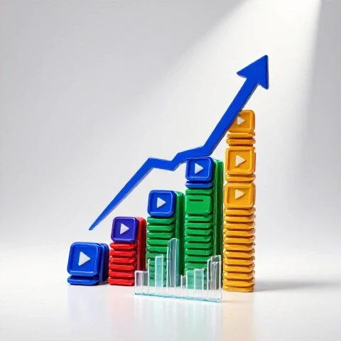 Upward-trending graph made of vibrant video play buttons rising from data charts under a dramatic spotlight