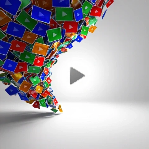 A tangled cluster of vivid video thumbnails transitions to a spotlighted play button on a bright background.