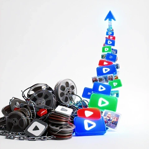 Split scene with chaotic jumbled video icons on one side and glowing channel symbols rising upward on the other.