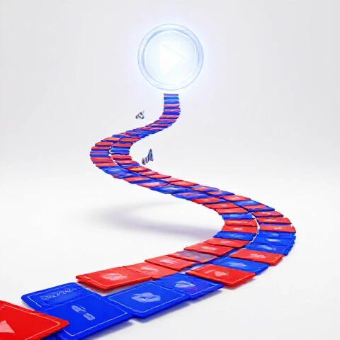 Upward pathway of bold video thumbnails and analytics icons leading to a glowing play button on a bright background