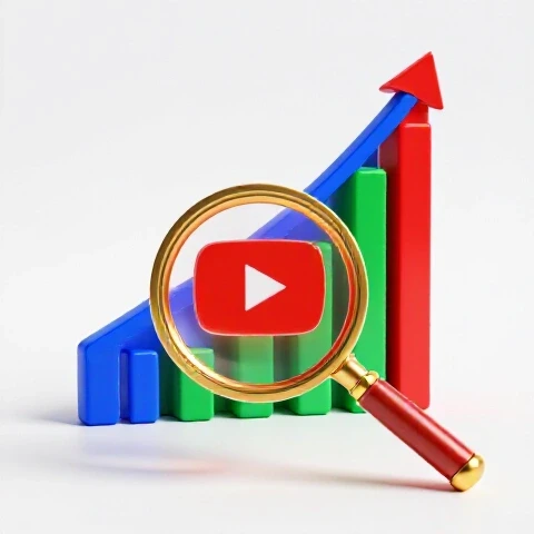 Golden magnifying glass spotlighting an upward-trending graph emerging from a glowing YouTube play button, set on a bright white background.