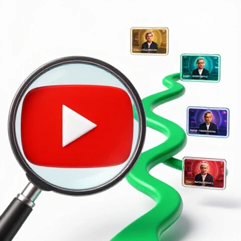 Split-image showing a magnifying glass on the YouTube logo and a branching path leading to vibrant trending video thumbnails on a bright background.