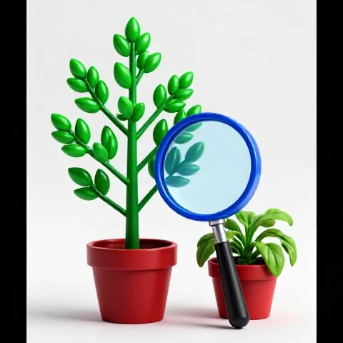 Two contrasting plants, one thriving and one wilting, with a magnifying glass between them on a bright background.