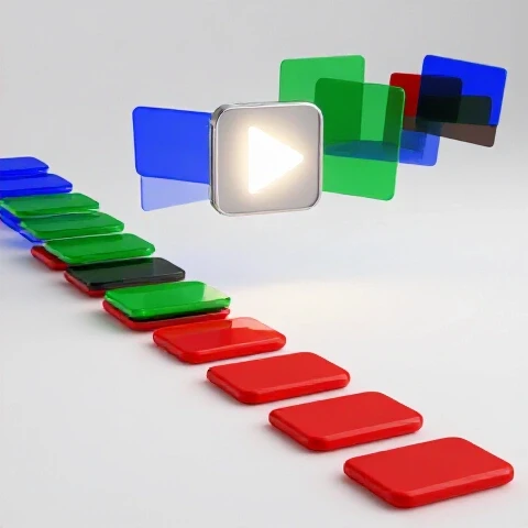 Vivid sequence of colorful video thumbnails as stepping stones leading to a glowing play button on a bright background.