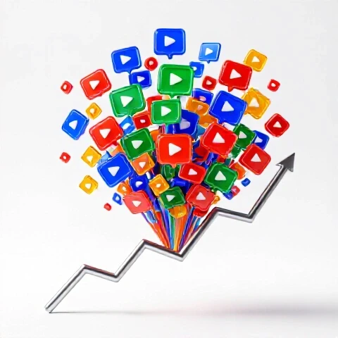 A colorful upward-trending graph transforms into an explosion of YouTube Shorts video thumbnails on a bright background.