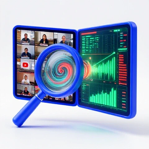Magnifying glass analyzes swirling video thumbnails beside emerging vibrant data charts on a bright backdrop.