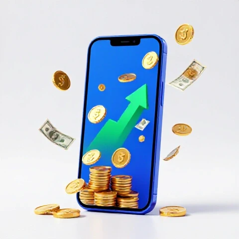 Gold coins and cash bursting from a smartphone with a vibrant trending video thumbnail, set on a bright white background.