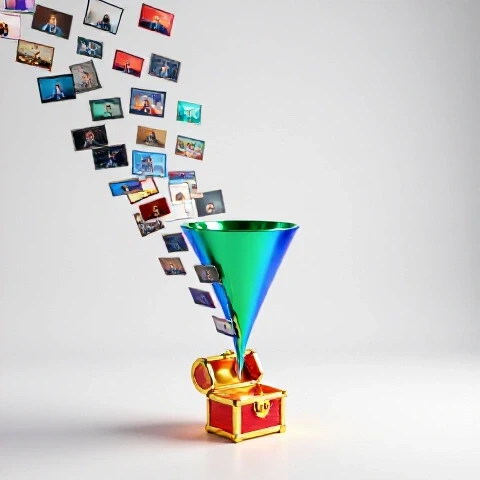 Vibrant short video clips flowing into a glowing funnel, leading to a radiant treasure chest on a bright background.