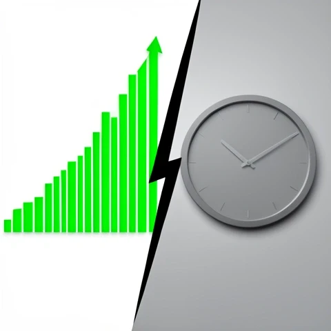 Dynamic split-screen image with a vivid green growth graph and a minimal gray clock face, visually representing 100 days of YouTube Shorts progress.