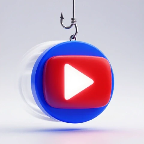 Oversized, glowing play button being pulled by a fishing hook with bold motion lines on a bright background.