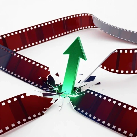 Broken colorful filmstrip with an upward glowing arrow rising from a fixed segment, on a bright white background.